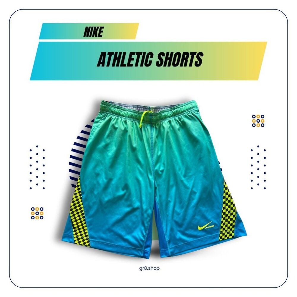 Nike Mens Dri-Fit Lacrosse Athletic Shorts L Blue & Neon Yellow Gradient Checker